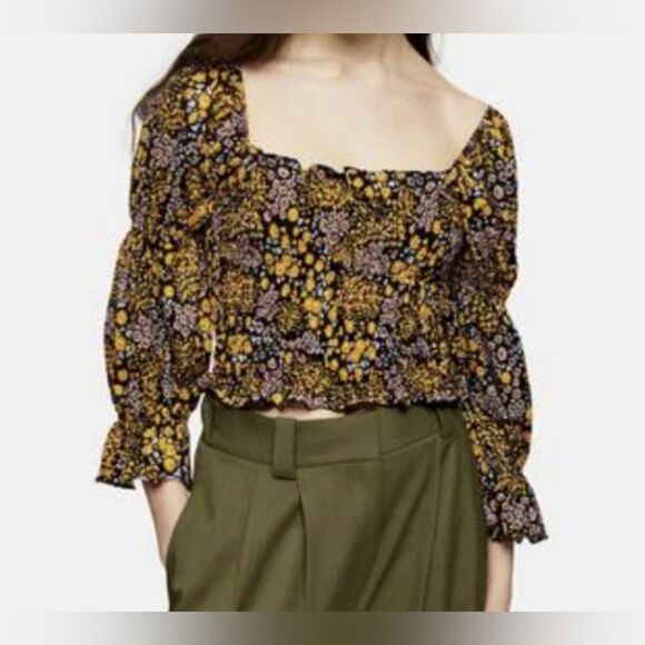 TopShop Floral Smoked  Peasant crop Top NWT Size 2 - Picture 1 of 9
